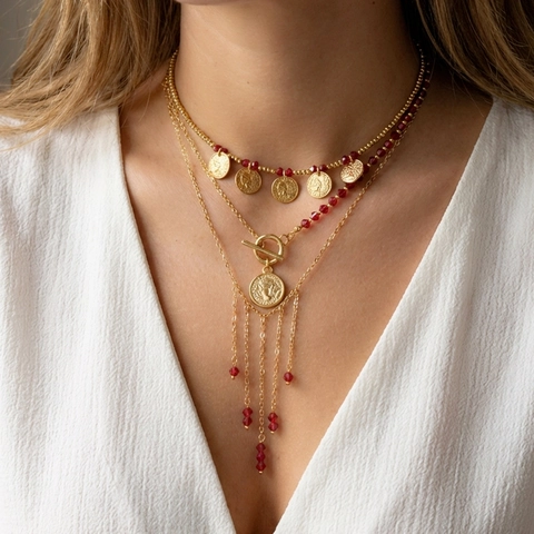 Collar de Acero Inoxidable Vintage con Colgante de Moneda de Varias Capas para Mujer Joyas Bohemias con Cuentas Rojas y Borlas