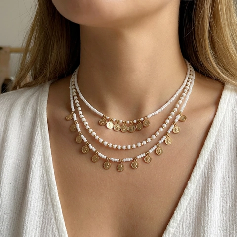 Collar de Acero Inoxidable Vintage con Colgante de Moneda de Varias Capas para Mujer Joyas Bohemias con Cuentas Rojas y Borlas