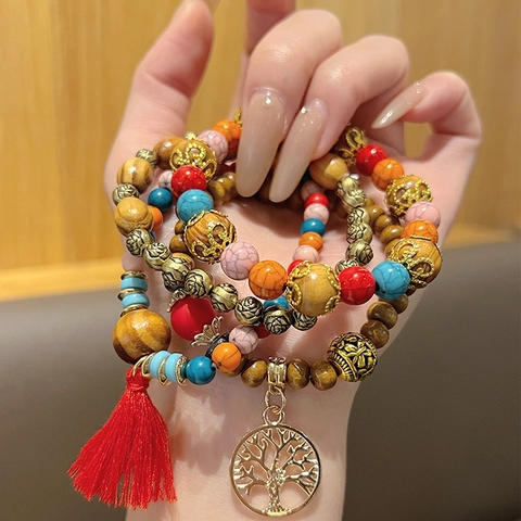 Bohemian Multi Layer Wooden Bead Bracelet Handmade Tree Of Life Pendant Tassel Elastic Bangle Ethnic Style Men Women Jewelry