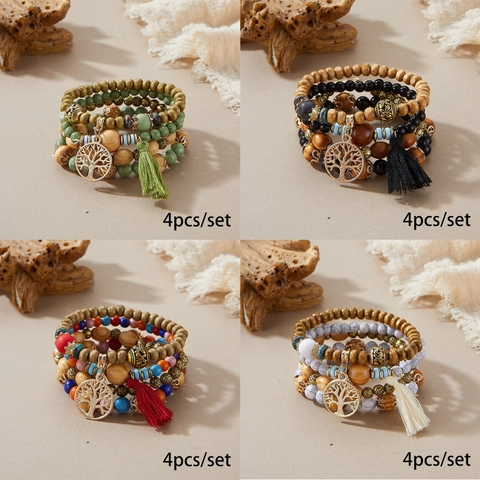 Bohemian Multi Layer Wooden Bead Bracelet Handmade Tree Of Life Pendant Tassel Elastic Bangle Ethnic Style Men Women Jewelry