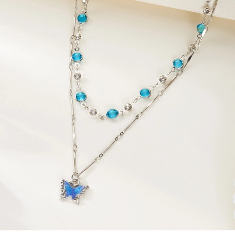 Blaue Strass Schmetterling Doppellagige Legierung Halskette Bunte Perlen Stern Herz Mond Blume Anhänger Damen Schmuck