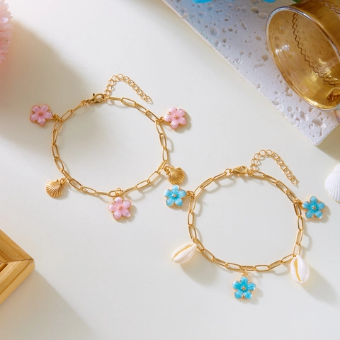 Bohemian Beach Shell Anklet Gold Starfish Conch Drip Oil Flower Adjustable Foot Chain For Women Summer Vacation Jewelry