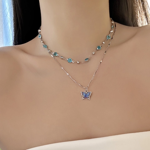 Blaue Strass Schmetterling Doppellagige Legierung Halskette Bunte Perlen Stern Herz Mond Blume Anhänger Damen Schmuck