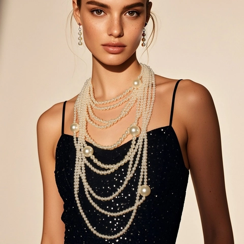 Vintage Multi-layer Faux Artificial Pearl Necklace And Earrings Jewelry For Women Elegant Statement Wedding Party Banquet Accessory