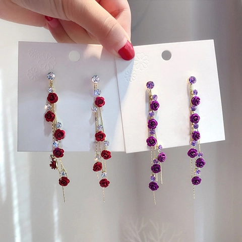Alloy Rose Flower Tassel Drop Earrings With 925 Sterling Silver Earring Post Resin Rhinestone Long Asymmetric Jewelry For Women