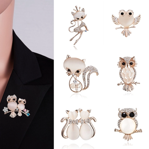 Fashion Animal Brooch Pin For Women Alloy With Rhinestone Cat Eye Stone And Faux Artificial Pearl Owl Cat Shape Elegant Jewelry