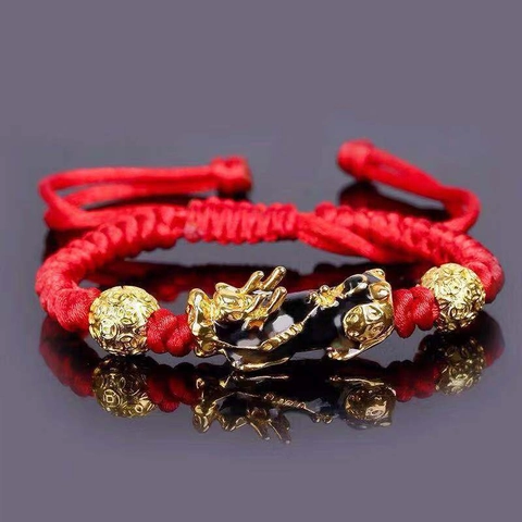 PiXiu Bracelet Hand-woven Red Black String Sand Gold Beads Wealth Luck Adjustable Unisex Jewelry Charm