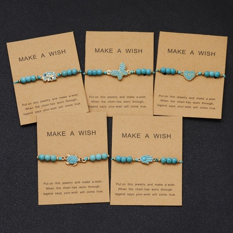 Türkis Perlen Gewebtes Armband Verstellbar Schildkröte Elefant Schmetterling Herz Anhänger Wunschschmuck Für Damen Geschenk