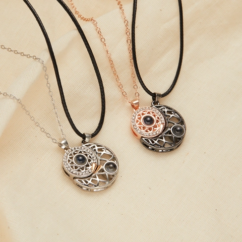 Magnetic Couple Projection Necklace Heart Sun Moon Camera Pendant Electroplated Alloy Rhinestone Jewelry For Valentine Gift