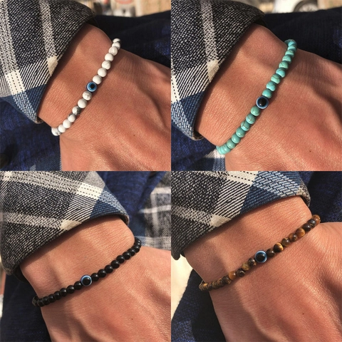 Evil Eye Beaded Bracelet Natural Stone Tiger Eye White Turquoise Stretch Elastic Minimalist Unisex Jewelry Accessory