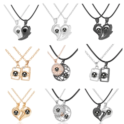 Magnetic Couple Projection Necklace Heart Sun Moon Camera Pendant Electroplated Alloy Rhinestone Jewelry For Valentine Gift