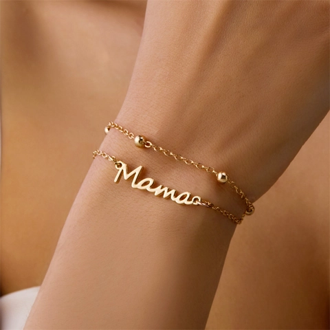 Mother's Day Mama Letter Double Layer Bracelet For Women Alloy Beaded Chain Necklace Gold Rose Gold Silver Jewelry Set Gift
