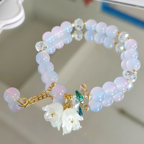 Lily Of The Valley Crystal Beaded Bracelet For Women Sweet Flower Pendant Alloy Bracelet Fashion Jewelry Lucky Charm
