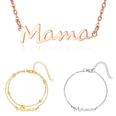 Mother's Day Mama Letter Double Layer Bracelet For Women Alloy Beaded Chain Necklace Gold Rose Gold Silver Jewelry Set Gift