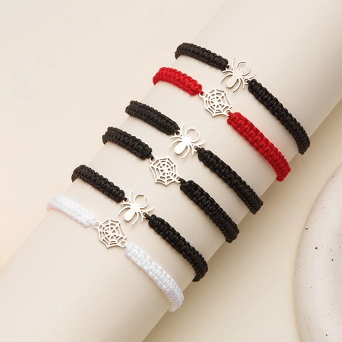 Gevlochten Armband Met Spin En Spinnenweb Bedeltje Verstelbaar Halloween Sieraden Cadeau Voor Koppel Vriendschap Gothische Stijl