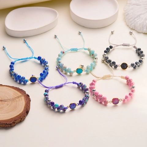 Pulsera de Cuentas de Piedra Natural Trenzada a Mano Bohemia Para Mujer Colgante Redondo de Brillo Ajustable Joyería Étnica