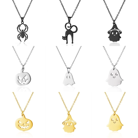 Halloween Edelstahl Anhänger Halskette Gold Silber Schwarz Geist Kürbis Spinne Katze Hexenhut Gothic Schmuck Für Damen Herren