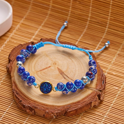Pulsera de Cuentas de Piedra Natural Trenzada a Mano Bohemia Para Mujer Colgante Redondo de Brillo Ajustable Joyería Étnica