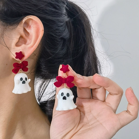 Halloween Ghost Earrings Cute Alloy Resin Flocked Star Bow Ghost Drop Earrings For Women Funny Party Jewelry Festival Gift