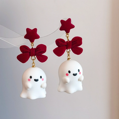 Halloween Ghost Earrings Cute Alloy Resin Flocked Star Bow Ghost Drop Earrings For Women Funny Party Jewelry Festival Gift