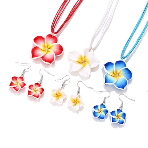 Tropischer Plumeria-Blumenschmuck Halskette Und Ohrringe Handgefertigte Polymer-Ton Legierung Floral Damen Strand Urlaub Party