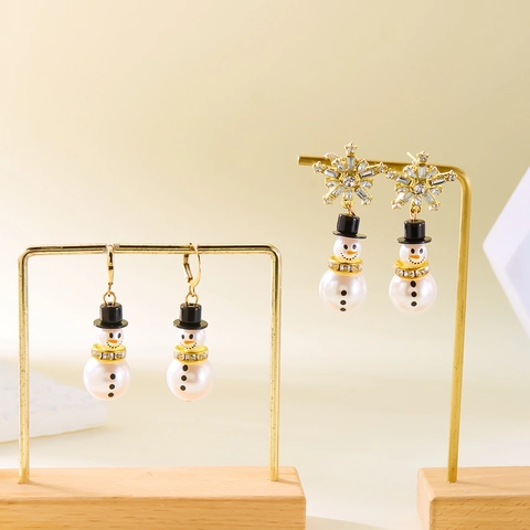Boucles d'Oreilles Clous Bonhomme de Neige en Alliage et Perles Artificielles pour Femmes Noël Flocon de Neige Strass Bijoux de Mode
