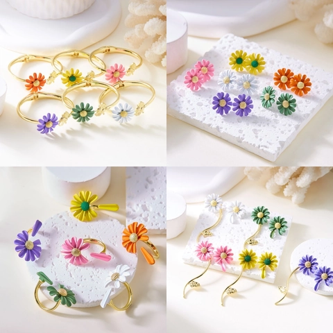 Fashion Alloy Daisy Jewelry Set Enamel Floral Stud Earrings Adjustable Ring Cuff Bracelet Leaf Pendant Necklace For Women