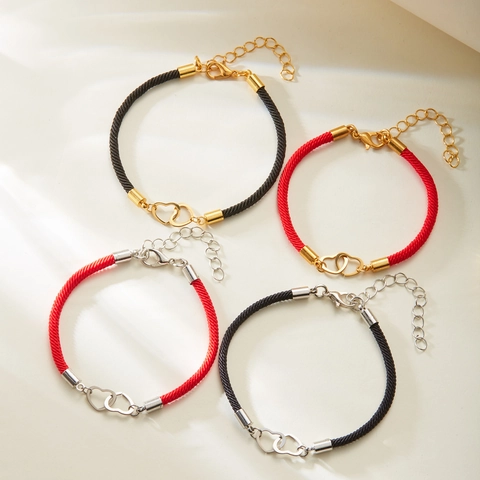 Stainless Steel Double Interlocking Heart Braided Rope Bracelet For Couples Romantic Adjustable Hand Woven String Wristband Jewelry Gift