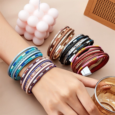 Bohemian Multi-layer Bracelet Leather Alloy Beads Woven Braided Retro Style With Magnetic Clasp For Women