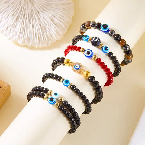 Bohemian Alloy Evil Eye Beaded Bracelet For Women Men Tiger Eye Hematite Elastic Strand Rhinestone Hamsa Charm Jewelry