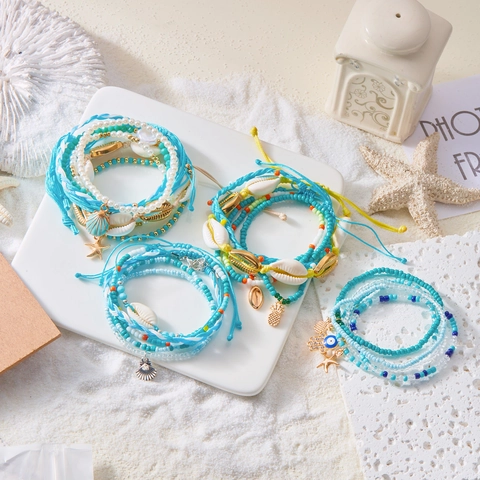 Böhmisch Strand Armband Set Für Damen Sommerurlaub Seestern Schale Bunte Perlen Lagen Handgefertigt Legierung Armband Schmuck Geschenk