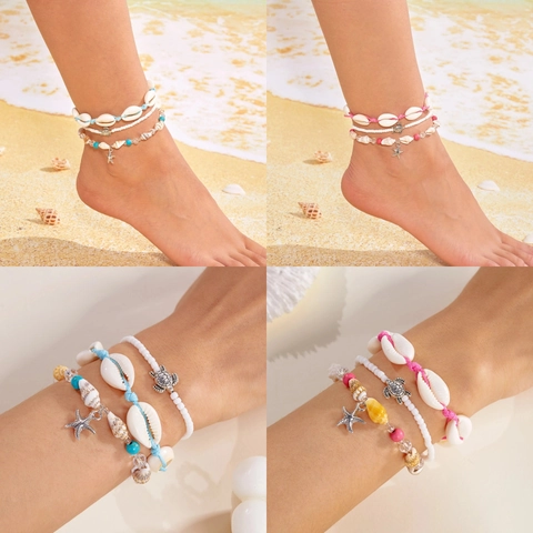 Bohemian Beach Shell Starfish Turtle Beaded Bracelet Anklet Set For Women Summer Vacation Jewelry With Alloy Conch Charms