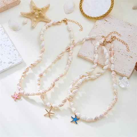 Summer Beach Natural Shell Starfish Pendant Necklace For Women Alloy Conch Beaded Bohemian Ocean Vacation Jewelry Gift