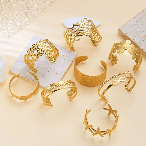 Edelstahl Offener Armreif Für Damen Gold Vergoldet Seestern Blume Muschel Koralle Design Strand Urlaub Mode Schmuck