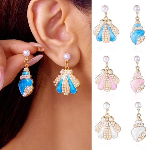 Summer New Ocean Shell Asymmetric Earrings Alloy Enamel Artificial Pearl Conch Drop Earrings For Women Beach Vacation Jewelry