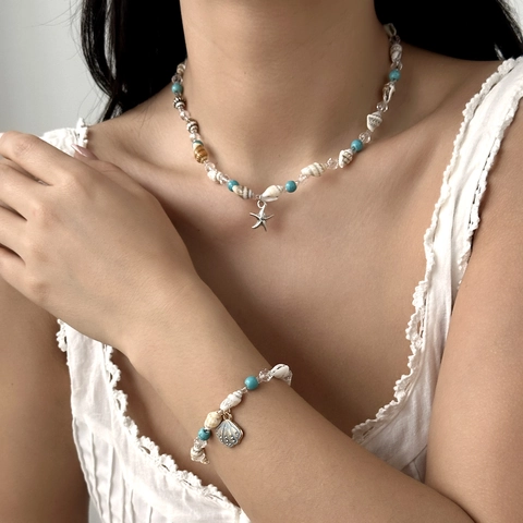Bohemian Ozean Natürliche Muschel Seestern Anhänger Halskette Perlen Künstliche Perle Strass Schmuck Für Damen Sommer Strand Party