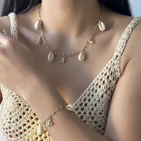 Sommer Strand Seestern Muschel Schmuck Für Damen Legierung Vergoldet Künstliche Perle Halskette Armband Ohrringe Kollektion