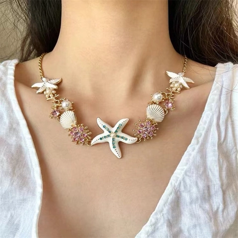 Hawaï Stijl Zeester Schelp Ketting Armband Oorbellen Set Legering Kunstparel Strass Vakantie Sieraden Voor Dames