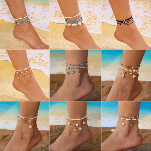 Boho Legierung Künstliche Perle Naturmuschel Seestern Mehrlagige Fußkettchen Für Damen Sommer Strand Urlaub Perlen Schmuck Zubehör