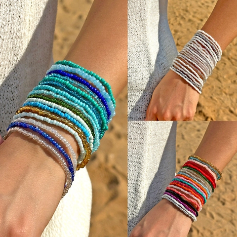 Bohemian Layered Seed Bead Bracelet Set Elastic Multicolor Beads Bracelet For Women Men Summer Beach Vacation Jewelry