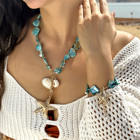 Fashion Ocean Starfish Shell Beaded Necklace Alloy Sea Snail Artificial Pearl Pendant Jewelry Set For Women Beach Vacation