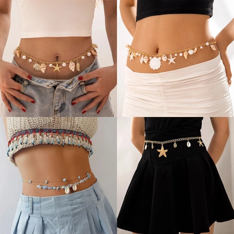 Bohemian Sommer Strand Muschel Seestern Taillenkette Für Damen Legierung Sonnengesicht Künstliche Perle Beinkette Körperschmuck Urlaub Modeaccessoire