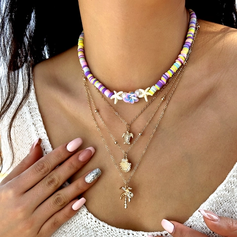 Bohemian Layered Necklace For Women Polymer Clay Heishi Beads Alloy Gold Chain Sea Shell Turtle Coconut Tree Pendant Summer Beach Vacation Jewelry