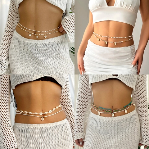 Bohemian Shell Seed Bead Waist Chain For Women Handmade Multilayer Body Chain Beach Vacation Jewelry Butterfly Starfish Pendant Belly Chain