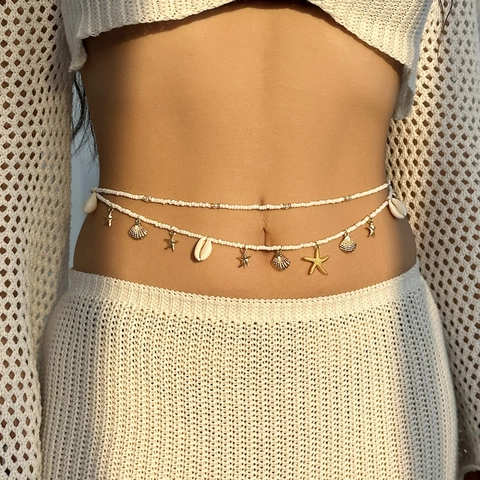 Boho Meeresstil Taillenkette Gold Silber Plattiert Legierung Seestern Muschel Kunstperle Bauchkette Für Strand Urlaub Damen Schmuck