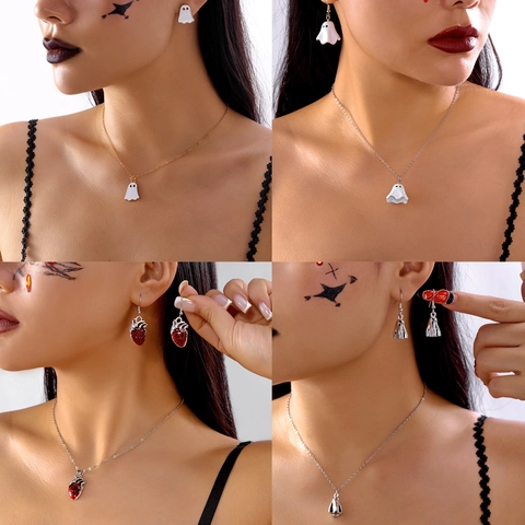 Gothic Halloween Schmuck Set Geist Anatomisches Herz Anhänger Halskette Legierung Ohrring Set Für Damen Party Dekoration