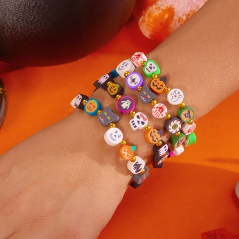 Pulsera De Cuentas De Arcilla De Halloween Calabaza Fantasma Calavera Hecha A Mano Joyería Festiva Para Mujer Fiesta