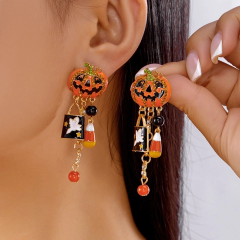 Halloween Earrings Alloy Enamel Pumpkin Ghost Spider Web Asymmetric Long Dangle Spiral Festive Party Jewelry For Women