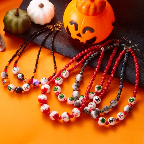 Juego de Collar y Pulsera de Cuentas con Huella de Mano de Sangre Halloween Gótico Globo Ocular Murciélago Fantasma Calabaza BOO Joyería para Fiesta Mujer