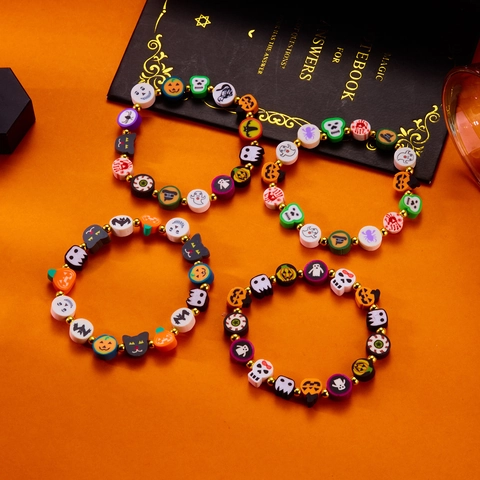 Pulsera De Cuentas De Arcilla De Halloween Calabaza Fantasma Calavera Hecha A Mano Joyería Festiva Para Mujer Fiesta